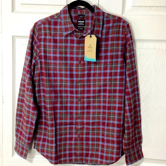Prana Los Feliz Flannel Shirt Mens S Slim Fit Red Blue Plaid Rhubarb NWT - Picture 2 of 12